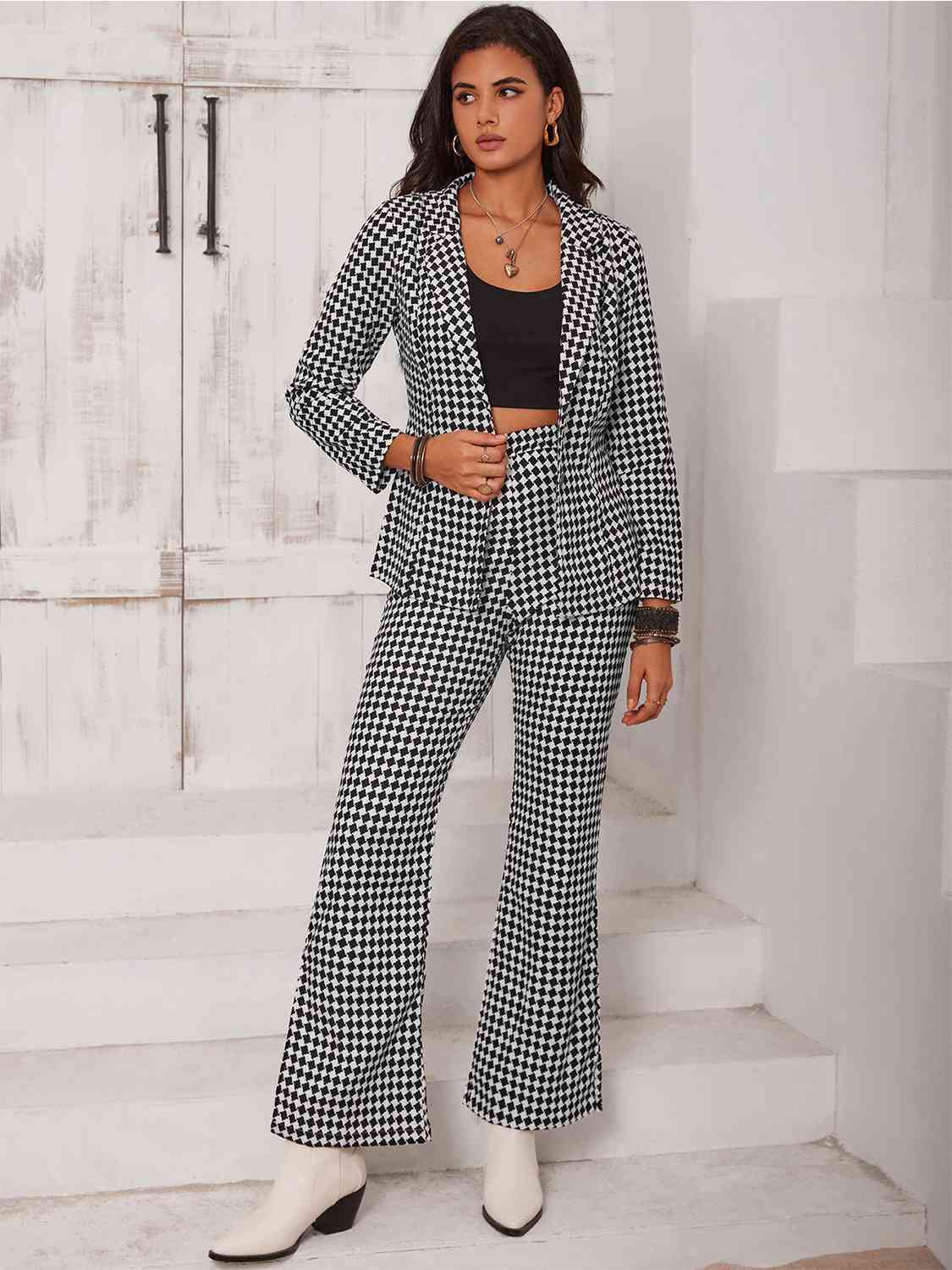 Checkered Blazer & Slit Pants Set Trendsi