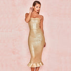 Backless Ruffled Fishtail Bandage Evening Dress-Gold aclosy