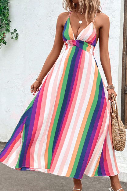 Multicolored Stripe Crisscross Backless Dress Trendsi