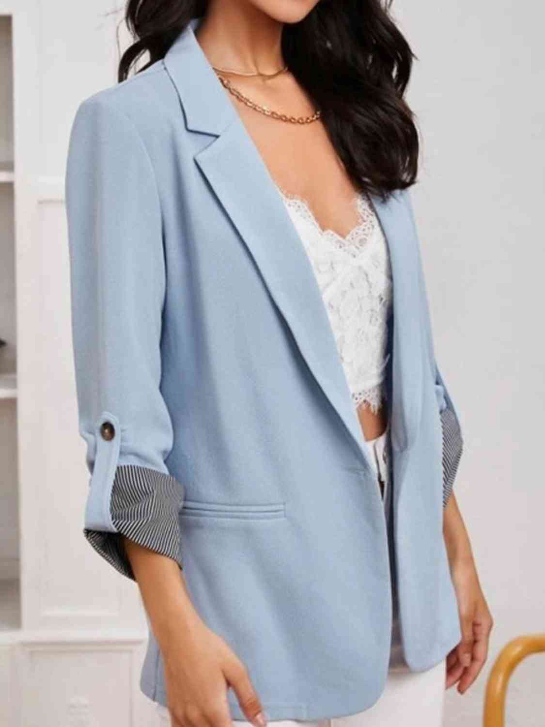 Lapel Collar Roll-Tab Sleeve Blazer Trendsi