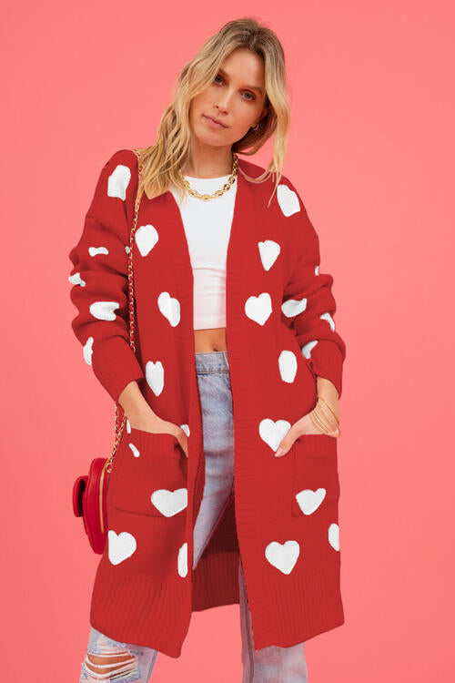 Heart Graphic Open Front Cardigan with Pockets Trendsi