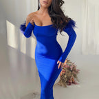 Backless Long Sleeve Feather Dress aclosy
