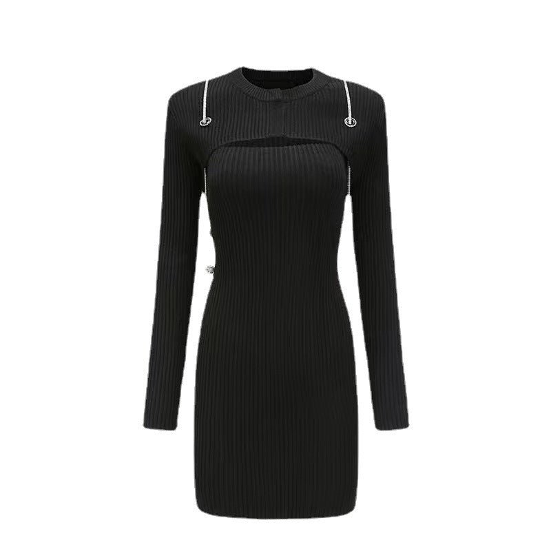 Black Chain Adjustable Hip Slim Knitted Dress aclosy
