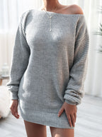 Rib-Knit Balloon Sleeve Boat Neck Sweater Dress Trendsi