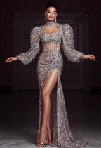 Bride Puff Sleeves Prom Dress-Silver aclosy