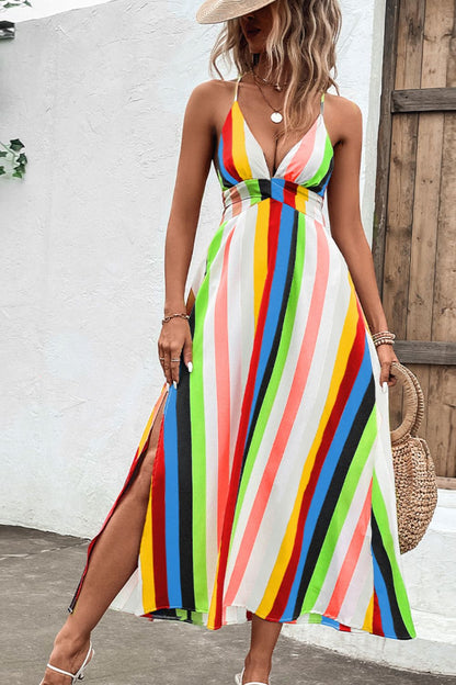 Multicolored Stripe Crisscross Backless Dress Trendsi