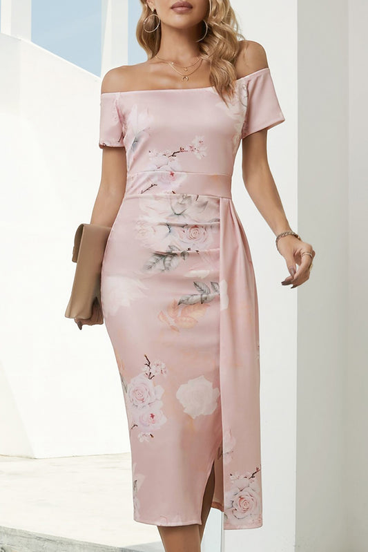 Printed Off-Shoulder Slit Midi Dress Trendsi
