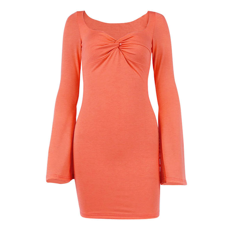 Flared Sleeves Square Neck Skirt Dress aclosy