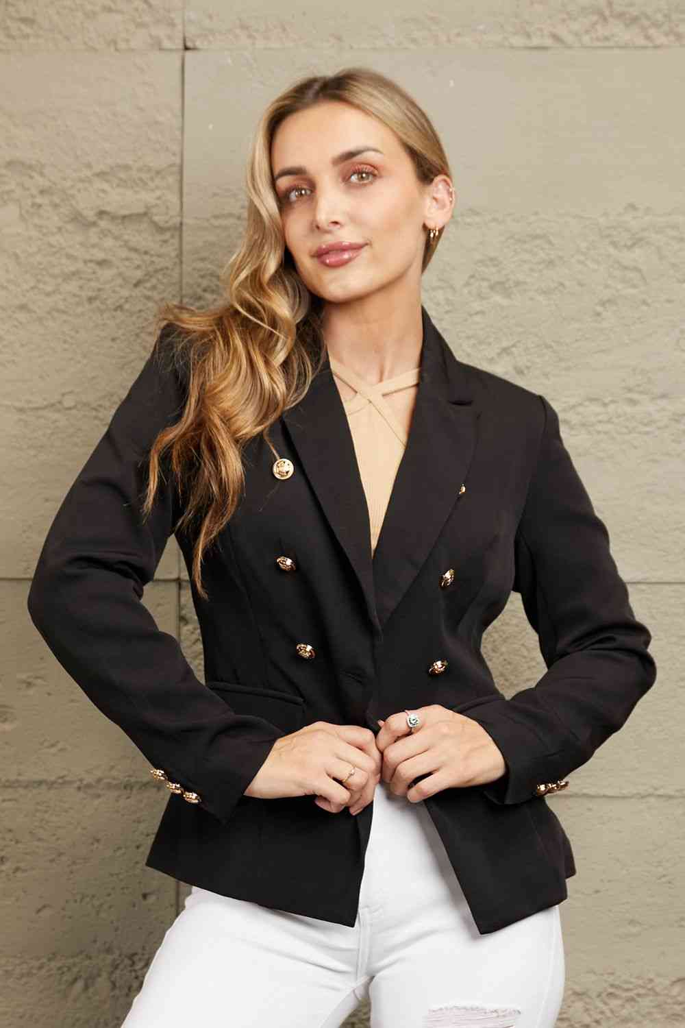 Double Take Double-Breasted Padded Shoulder Blazer Trendsi