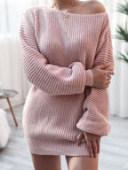Rib-Knit Balloon Sleeve Boat Neck Sweater Dress Trendsi