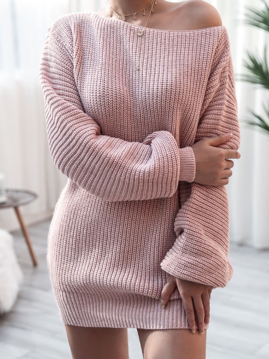 Rib-Knit Balloon Sleeve Boat Neck Sweater Dress Trendsi