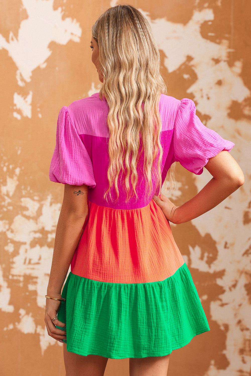 Color Block Buttoned Puff Sleeve Dress Trendsi