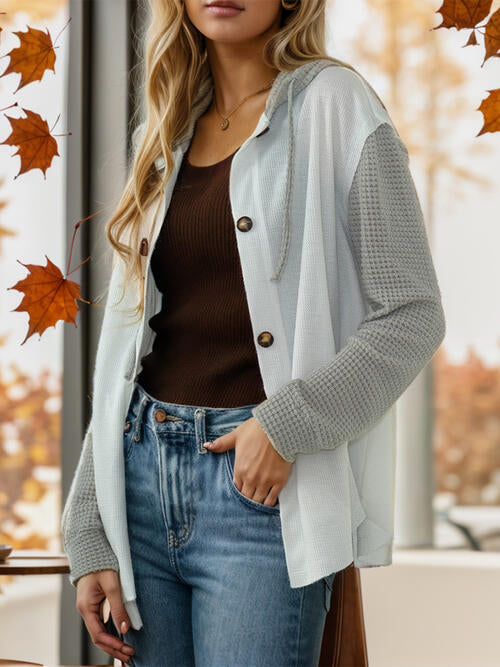 Contrast Button Up Drawstring Hooded Shirt Trendsi