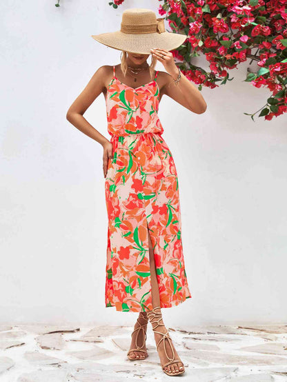 Printed Spaghetti Strap Front Slit Dress Trendsi