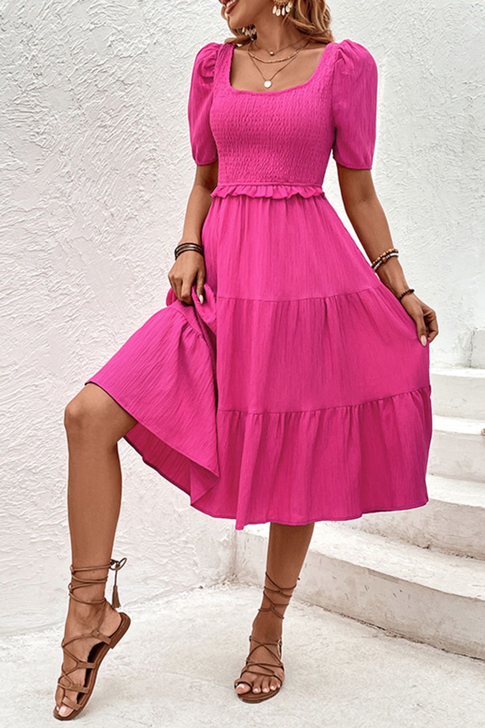 Square Neck Puff Sleeve Cutout Dress Trendsi