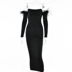 Backless Long Sleeve Feather Dress aclosy
