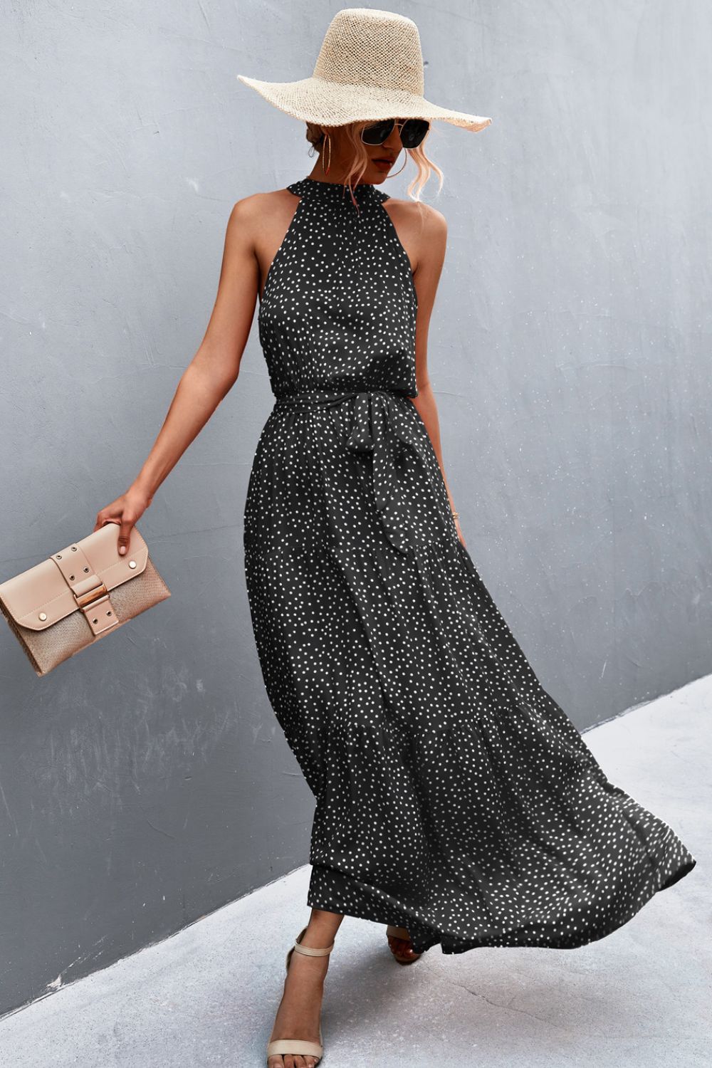 Printed Sleeveless Tie Waist Maxi Dress Trendsi