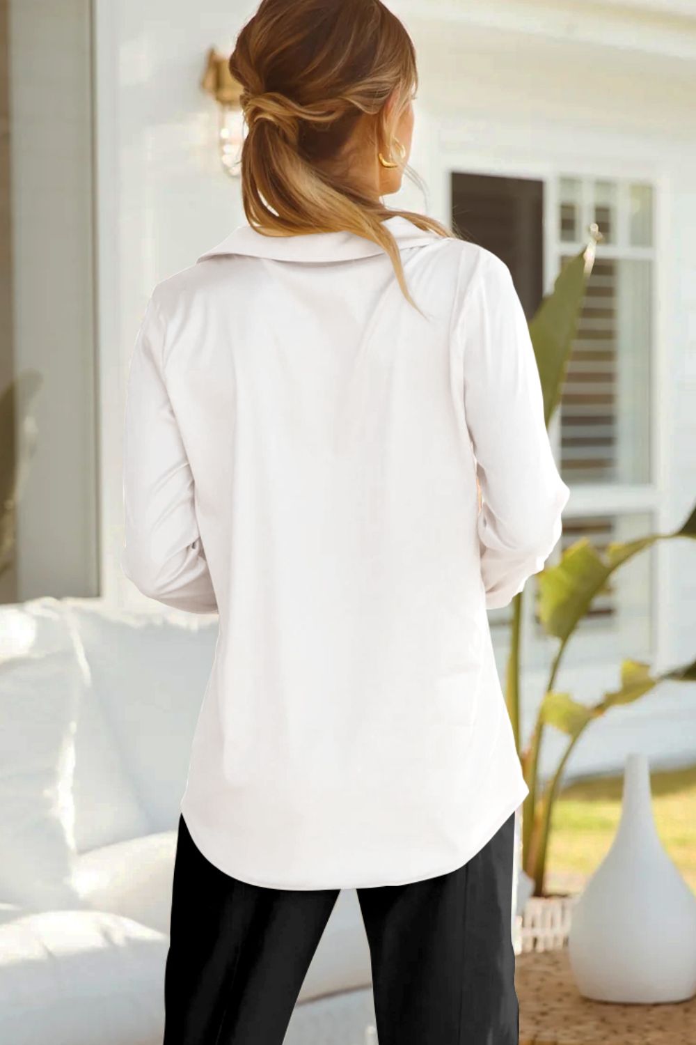 Double Take Lapel Collar Buttoned Puff Sleeve Shirt Trendsi