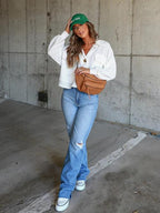 Ribbed Collared Neck Button Up Jacket Trendsi