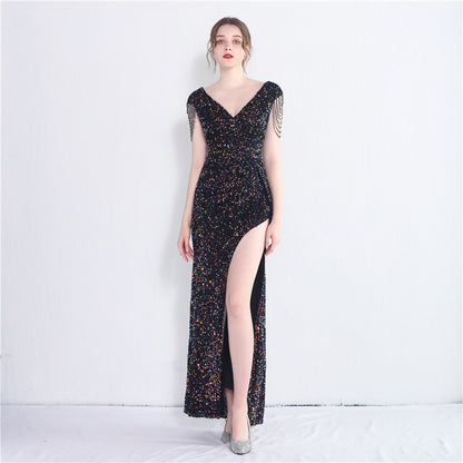 Women's Handmade Sequins Temperament Slit Long Fishtail Skirt aclosy