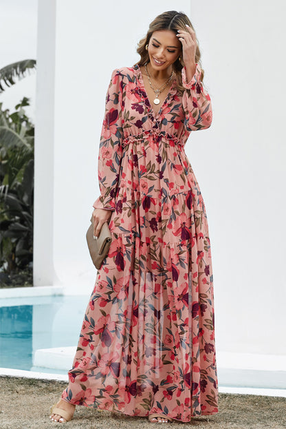Floral Frill Trim Flounce Sleeve Plunge Maxi Dress Trendsi
