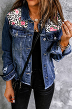 Mixed Print Distressed Button Front Denim Jacket Trendsi