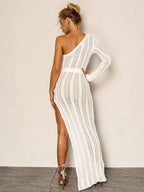 Openwork One-Shoulder Belted Split Dress-White aclosy