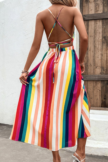 Multicolored Stripe Crisscross Backless Dress Trendsi