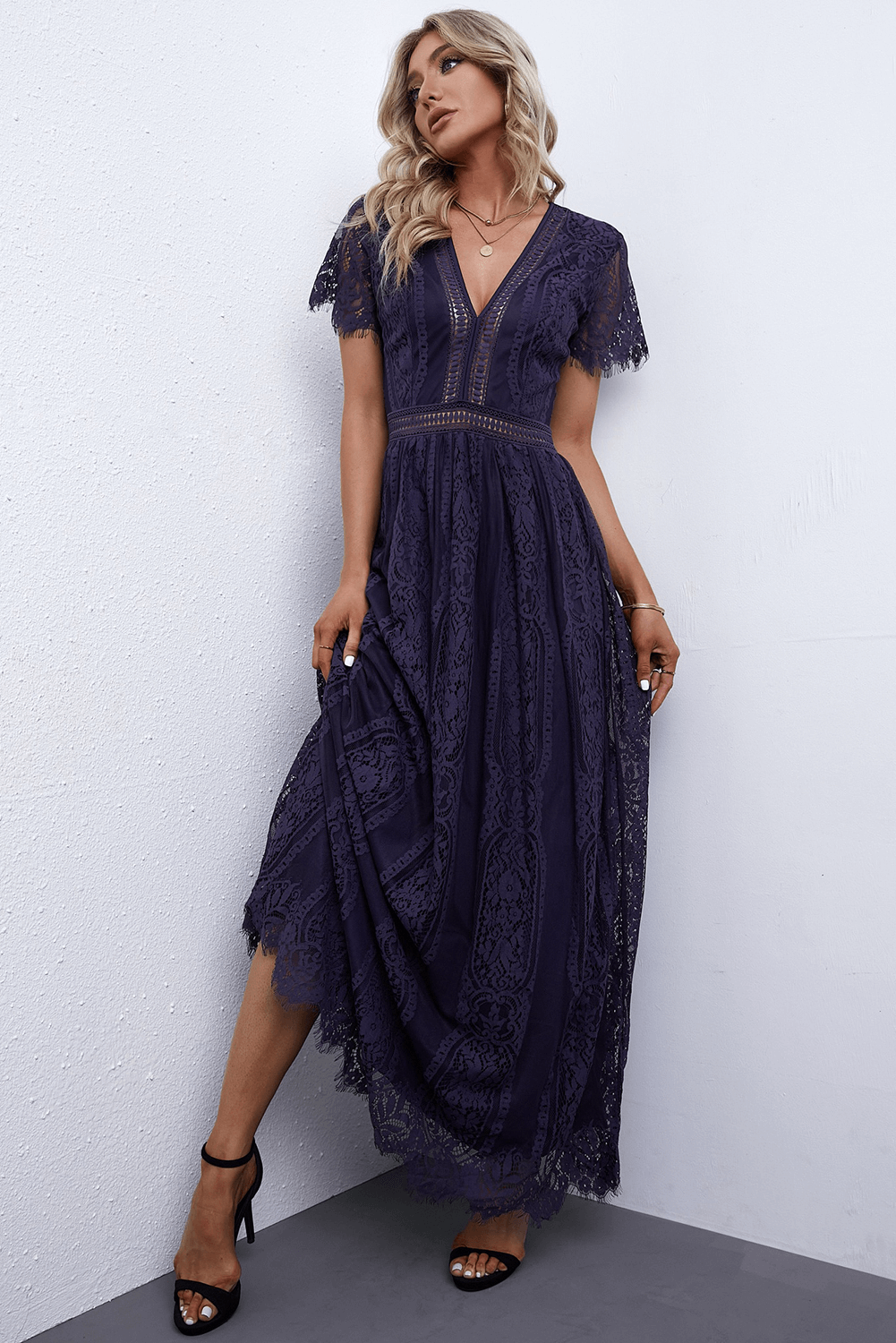 Scalloped Trim Lace Plunge Dress Trendsi