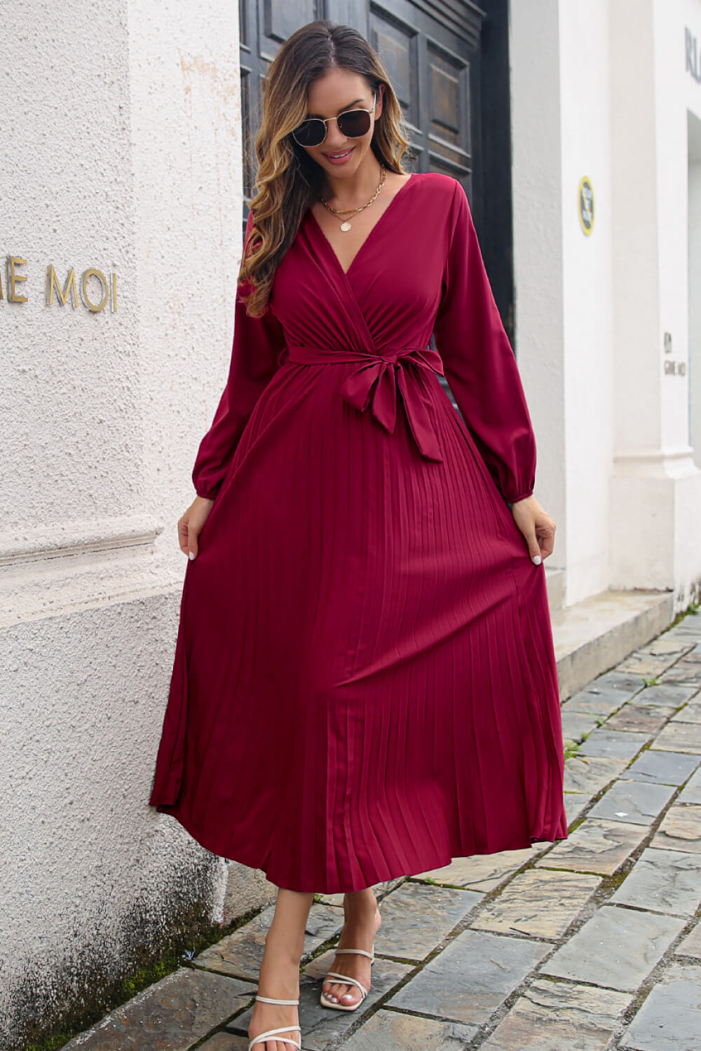 Pleated Long Sleeve Surplice Maxi Dress Trendsi