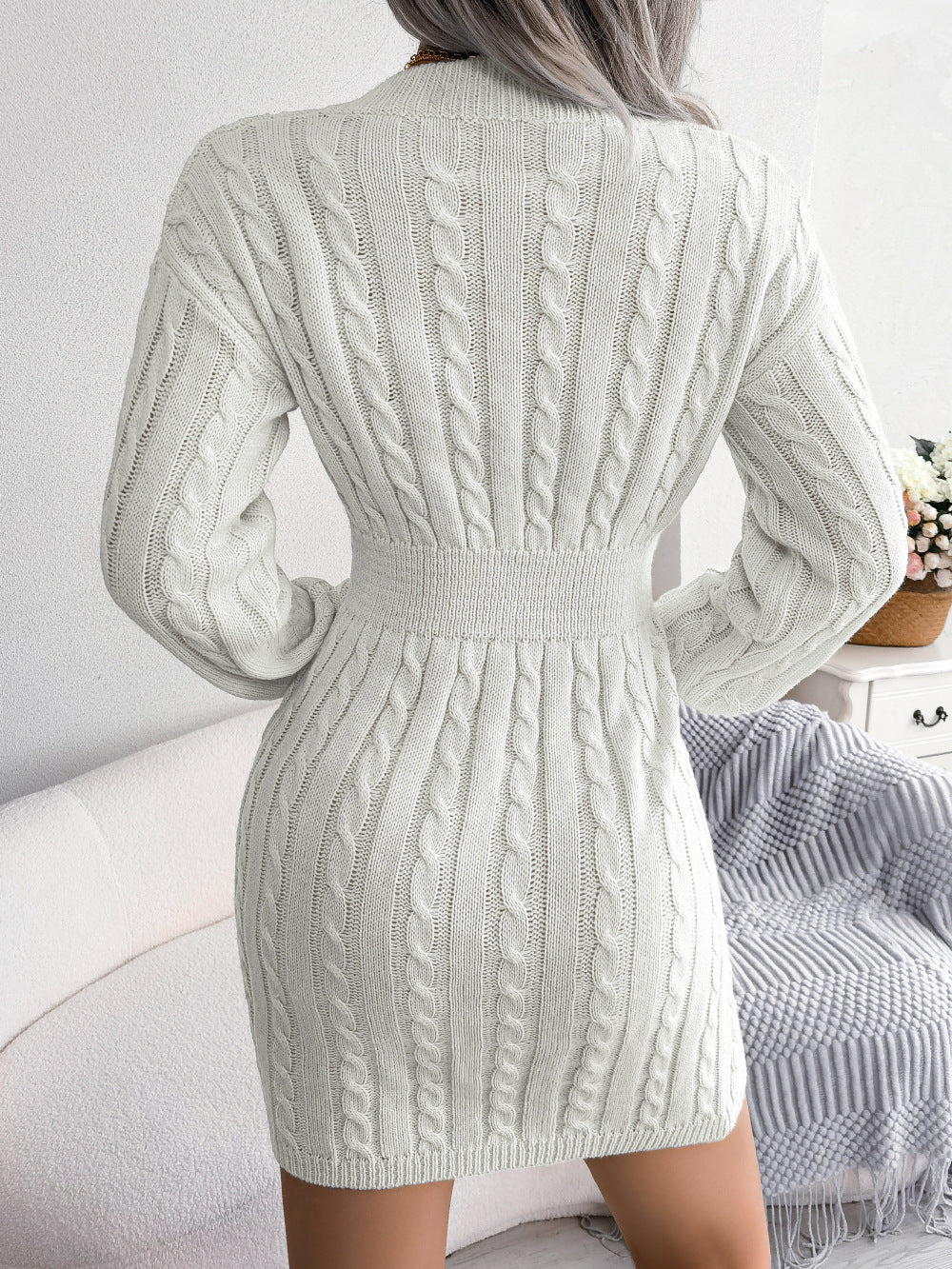 Cable-Knit V-Neck Mini Sweater Dress Trendsi