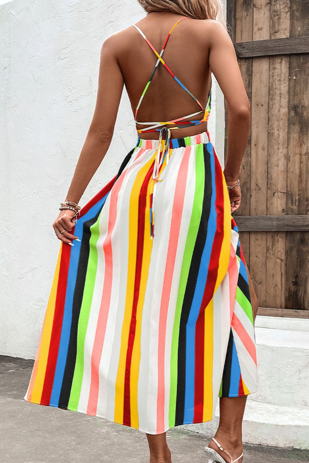 Multicolored Stripe Crisscross Backless Dress Trendsi