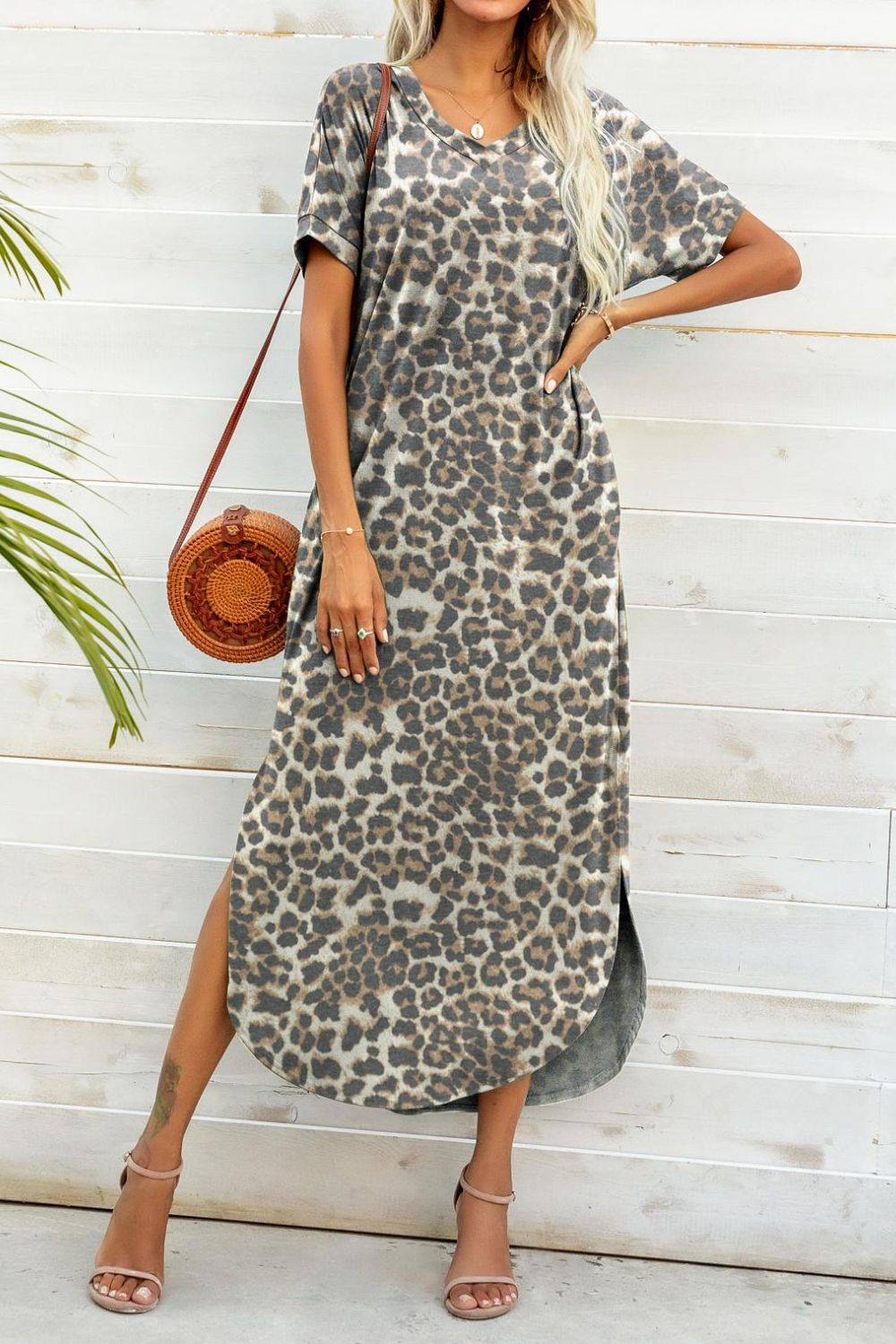 Printed V-Neck Curved Hem Dress Trendsi