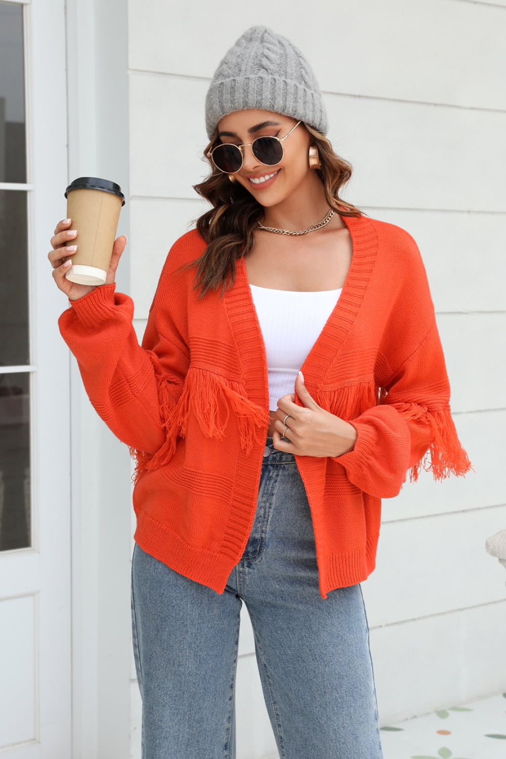 Double Take Fringe Trim Open Front Cardigan Trendsi