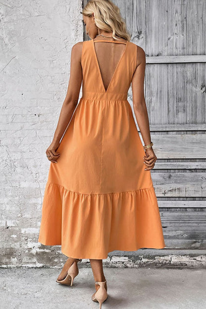 V-Neck Open Back Decorative Button Dress Trendsi