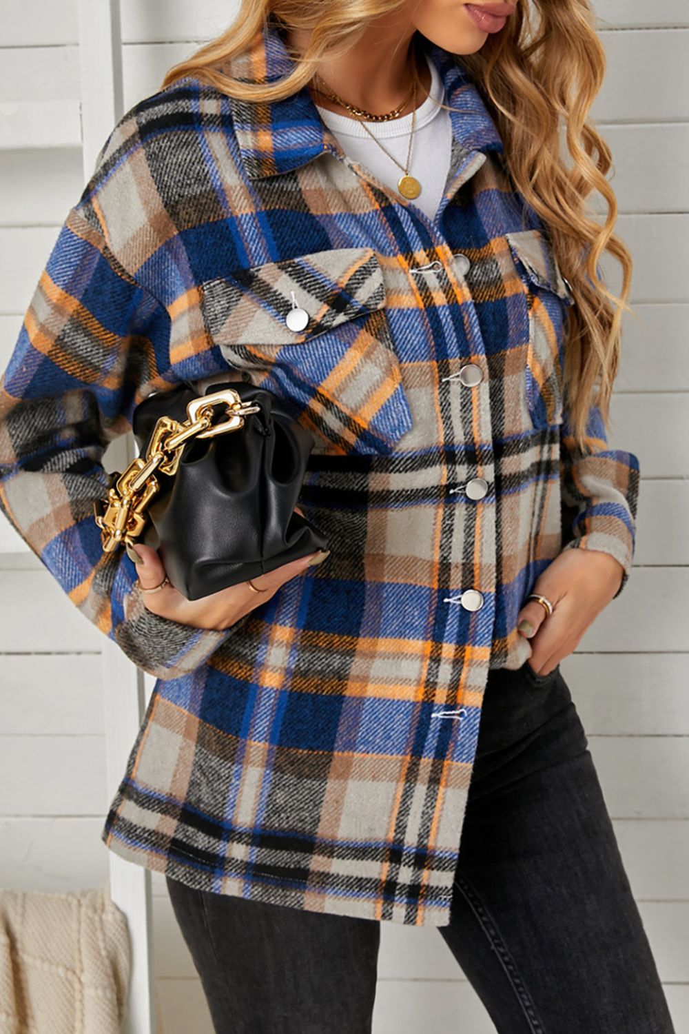 Plaid Pocketed Button Down Shacket Trendsi