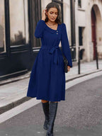 Buttoned Tie Front Long Sleeve Asymmetrical Neck Dress Trendsi
