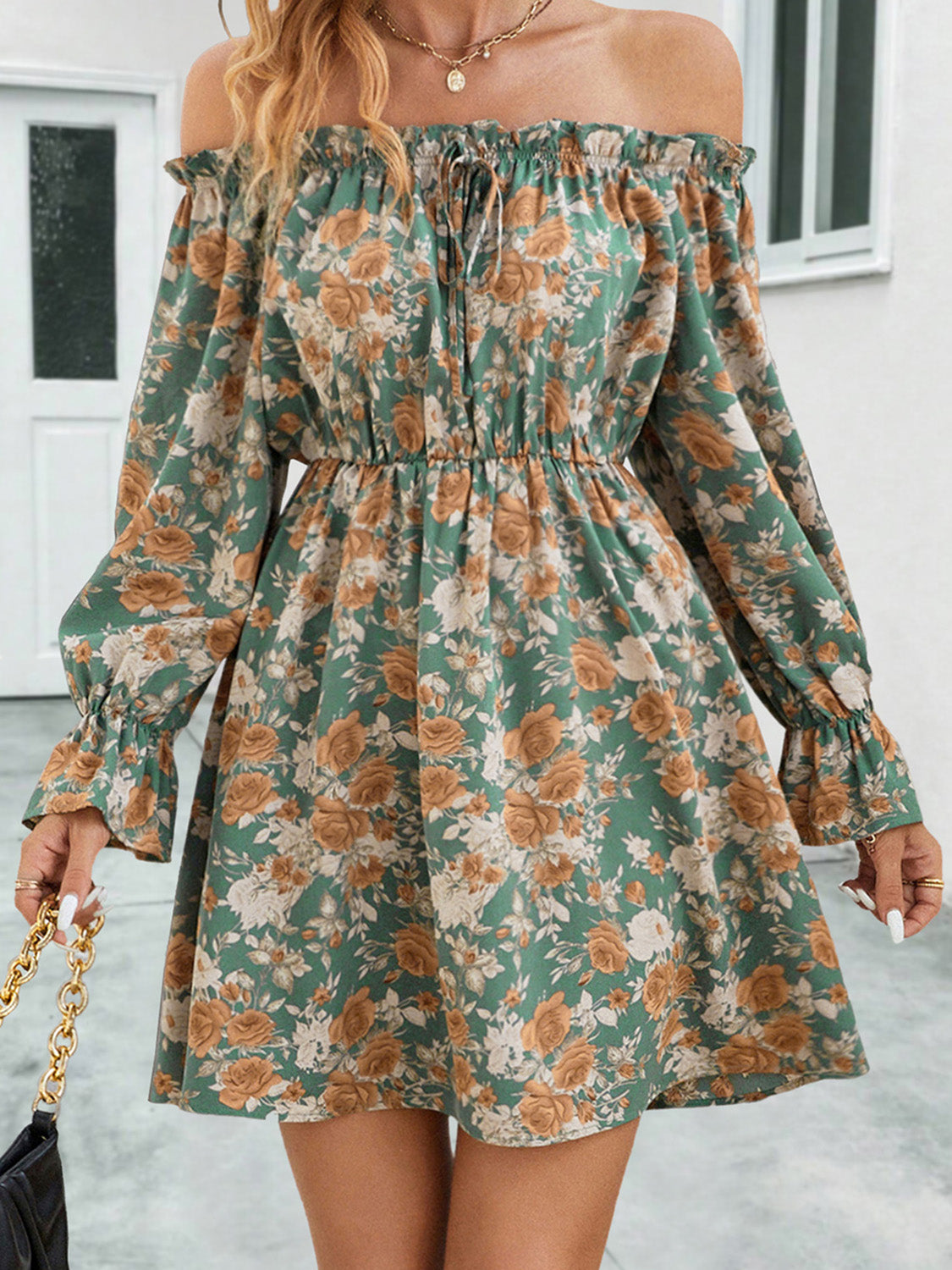 Floral Off-Shoulder Flounce Sleeve Dress Trendsi