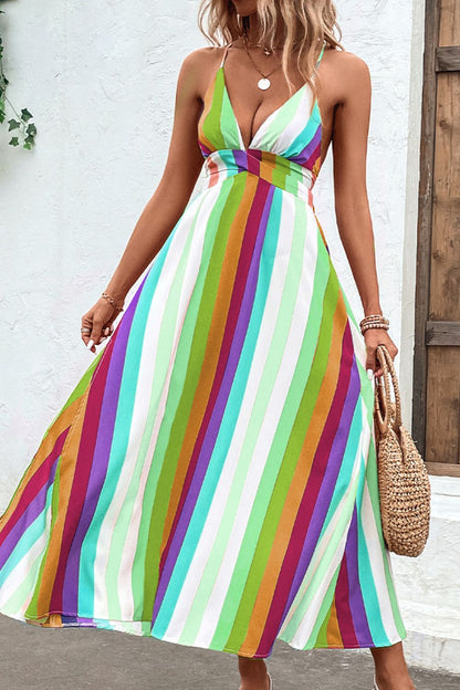 Multicolored Stripe Crisscross Backless Dress Trendsi