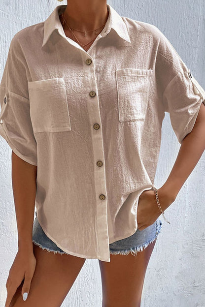 Roll-Tab Sleeve Shirt with Pockets Trendsi