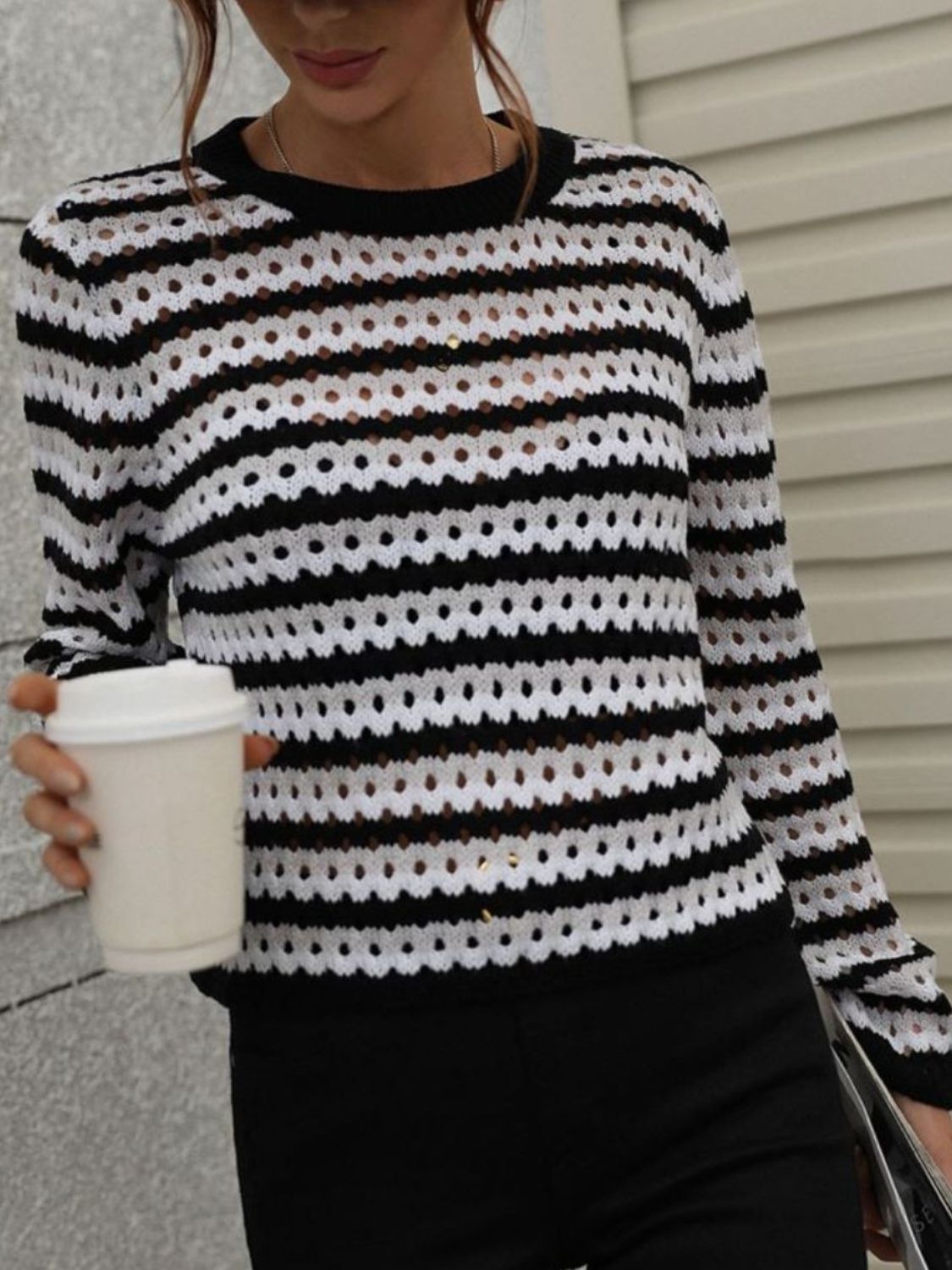 Striped Openwork Long-Sleeve Knit Pullover Trendsi