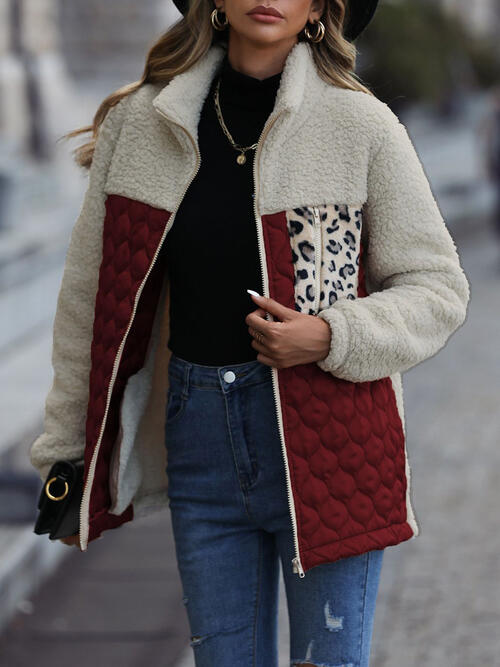 Leopard Color Block Zip-Up Jacket Trendsi