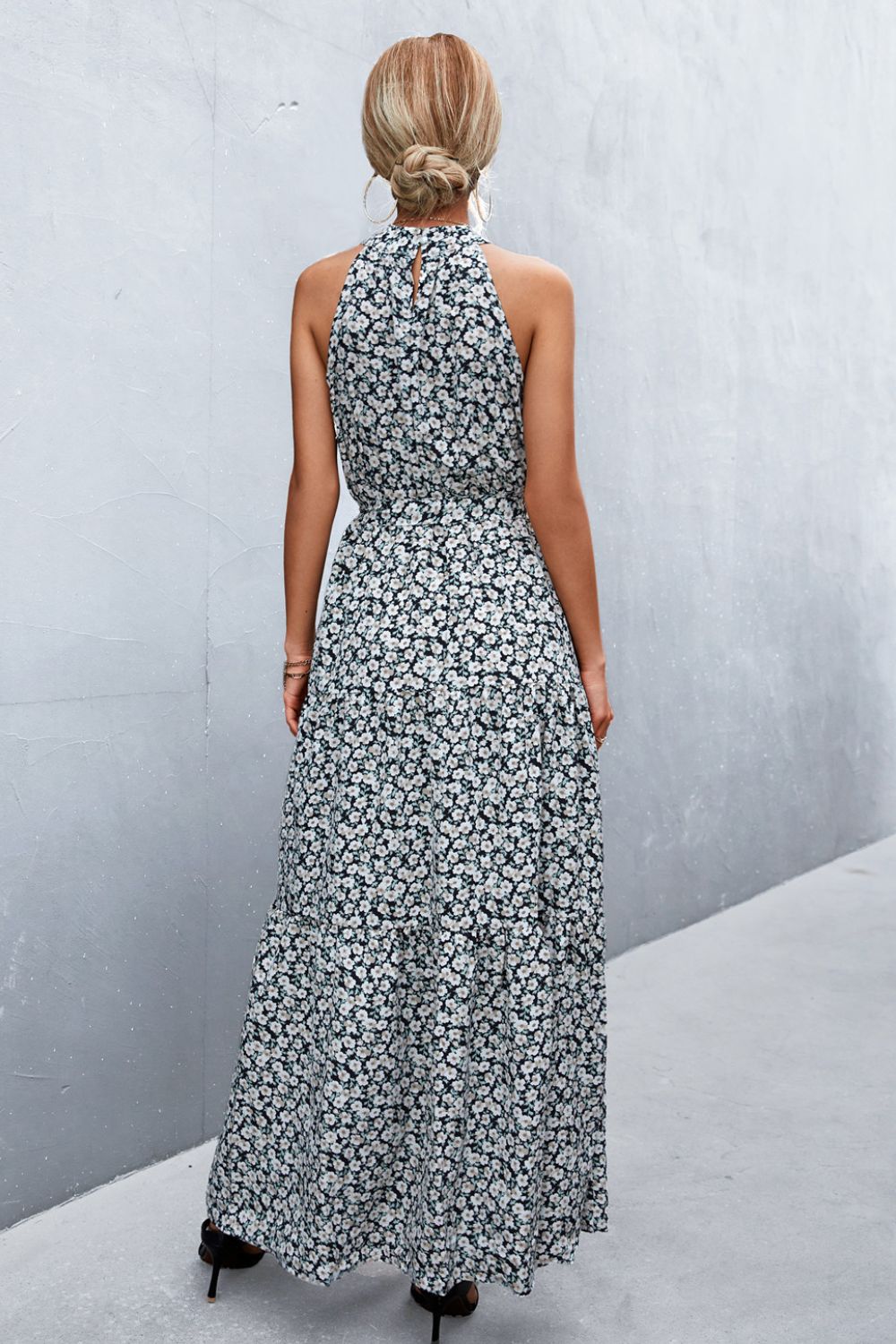 Printed Sleeveless Tie Waist Maxi Dress Trendsi