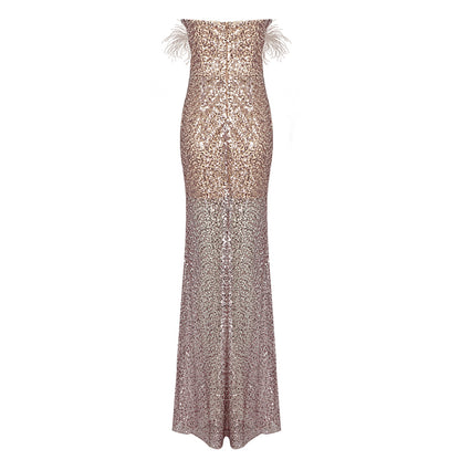 Feather Beaded Sequined Cutout Mesh Strapless Dress aclosy