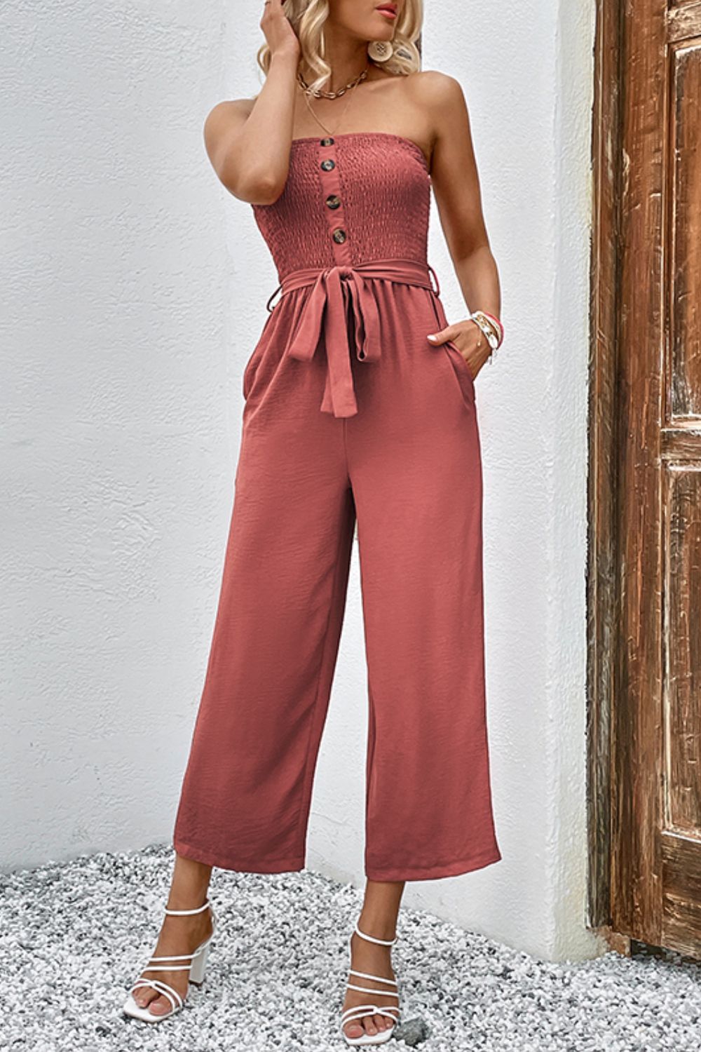 Decorative Button Strapless Smocked Jumpsuit with Pockets Trendsi