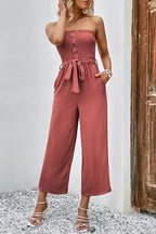 Decorative Button Strapless Smocked Jumpsuit with Pockets Trendsi
