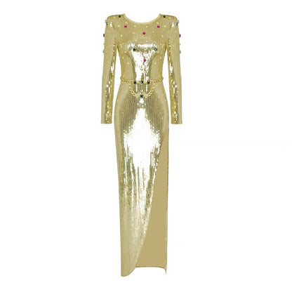 Long Sleeve Sequin Slit Diamond Diamond Retro Ladies Dress Aclosy