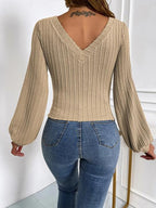 Cable-Knit V-Neck Long Sleeve Knit Top Trendsi