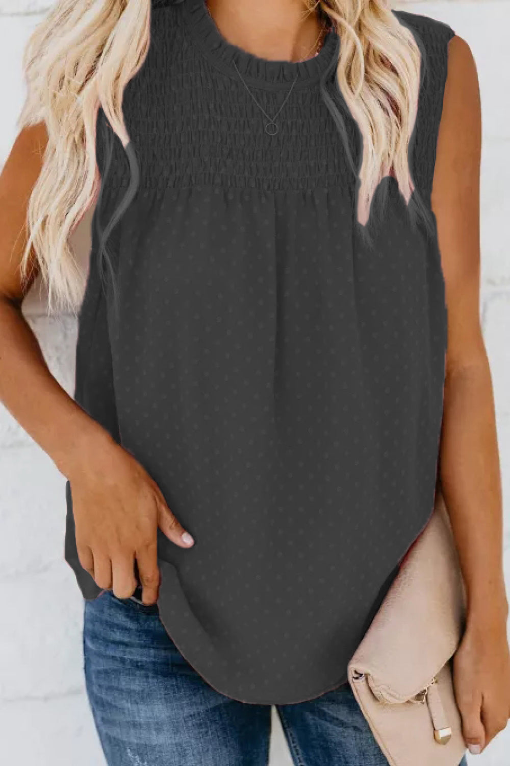 Smocked Tie Back Frill Trim Tank Trendsi