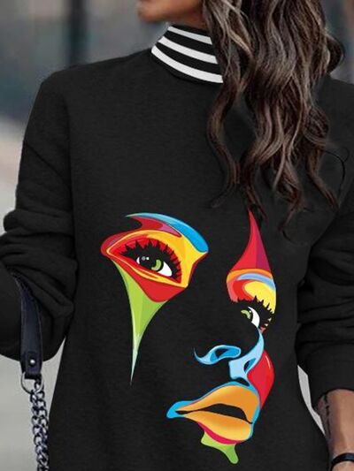 Printed Turtleneck Long Sleeve Mini Dress Trendsi